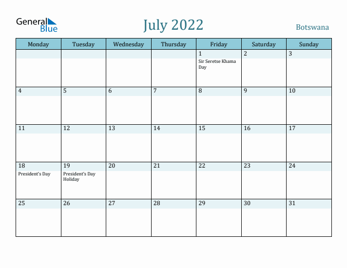 July 2022 Calendar with Holidays