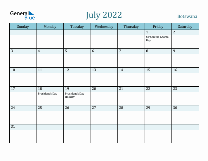 July 2022 Calendar with Holidays