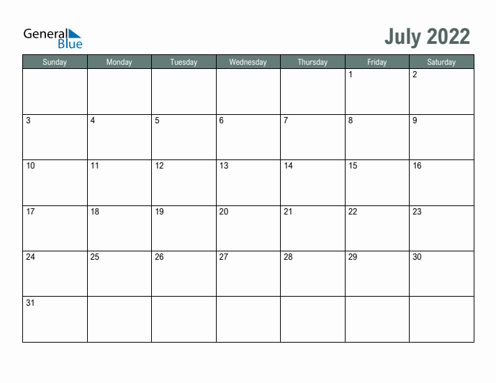 Free Printable July 2022 Calendar