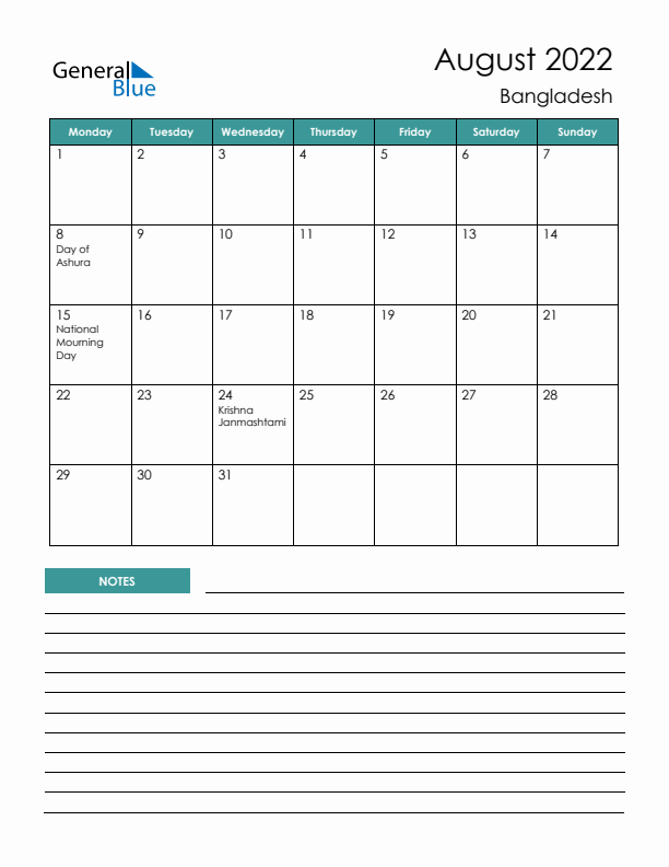 Calendar with Notes Printable - Monday Start