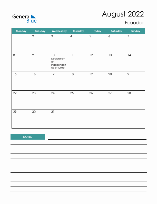 Calendar with Notes Printable - Monday Start