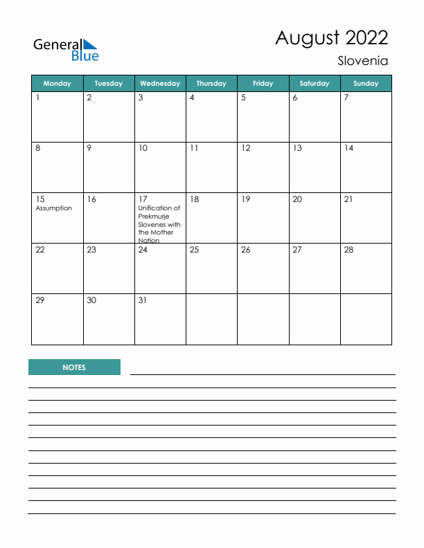 Calendar with Notes Printable - Monday Start