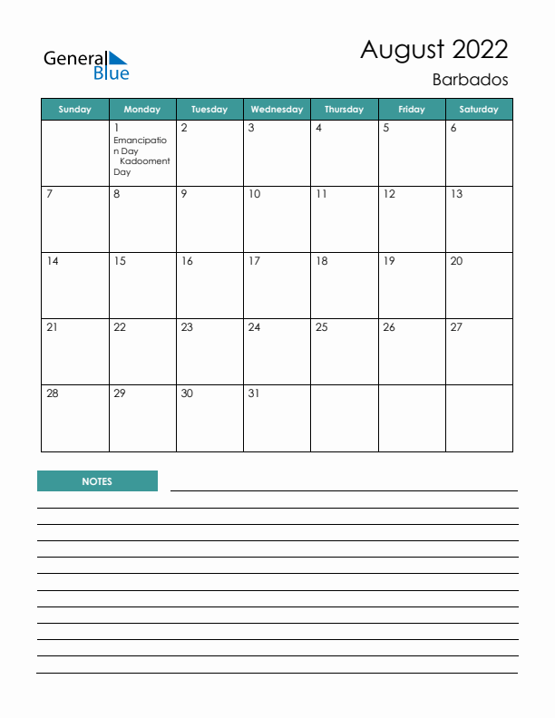 Calendar with Notes Printable - Sunday Start