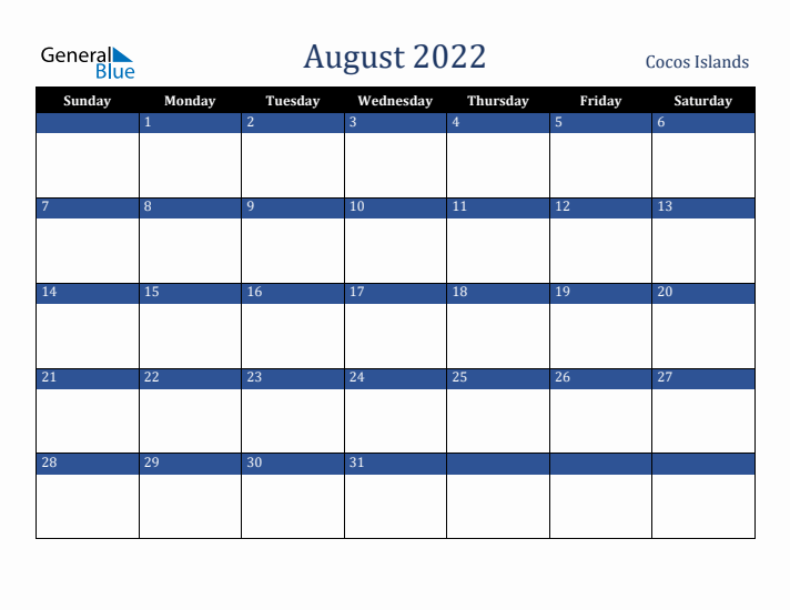 August 2022 Cocos Islands Calendar (Sunday Start)