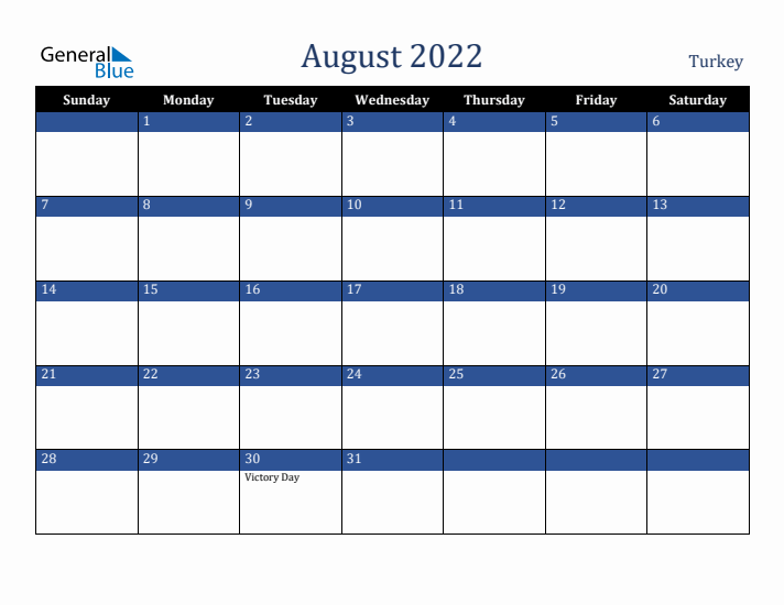 August 2022 Turkey Calendar (Sunday Start)