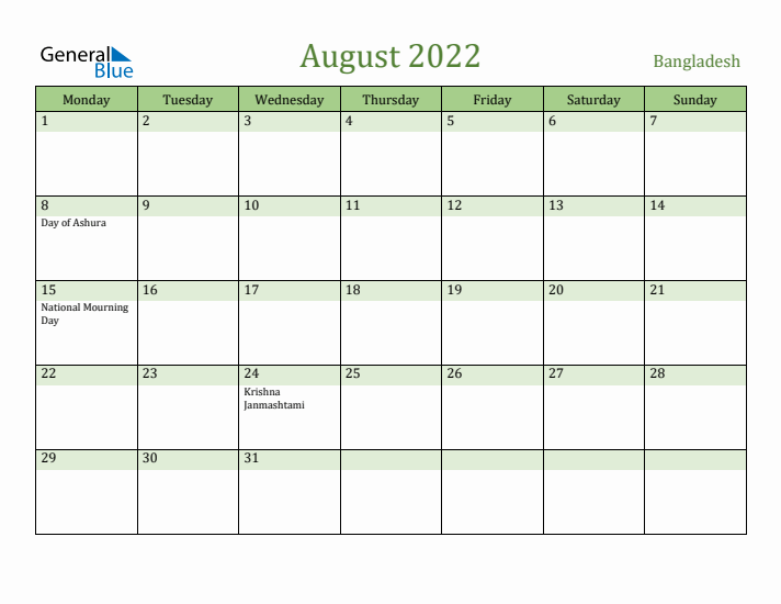 August 2022 Calendar with Bangladesh Holidays