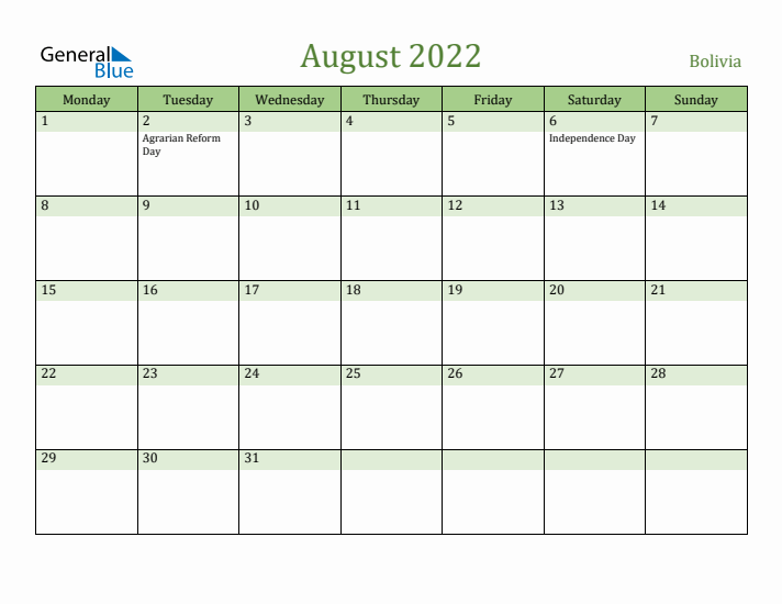 August 2022 Calendar with Bolivia Holidays