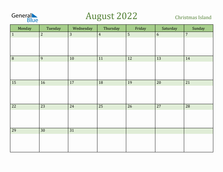 August 2022 Calendar with Christmas Island Holidays