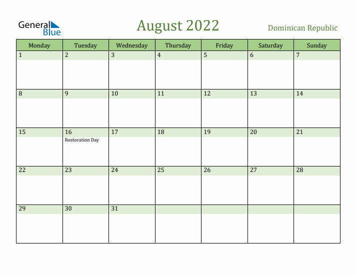 August 2022 Calendar with Dominican Republic Holidays