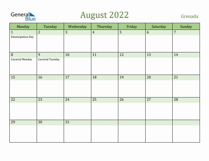 August 2022 Calendar with Grenada Holidays