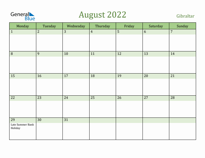 August 2022 Calendar with Gibraltar Holidays