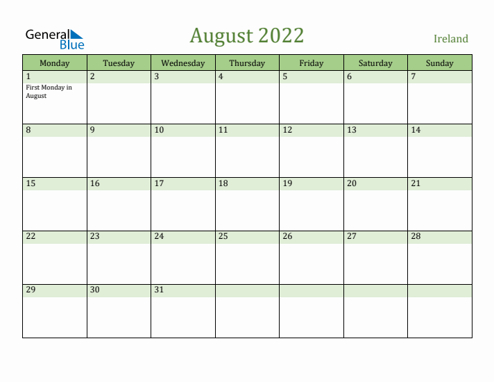 August 2022 Calendar with Ireland Holidays