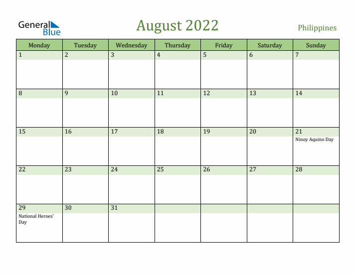 August 2022 Calendar with Philippines Holidays