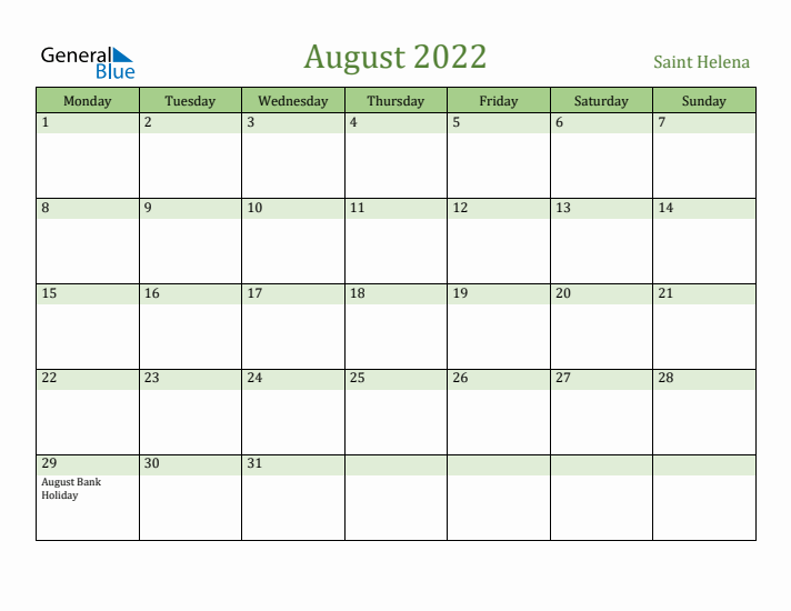 August 2022 Calendar with Saint Helena Holidays