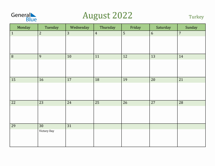 August 2022 Calendar with Turkey Holidays