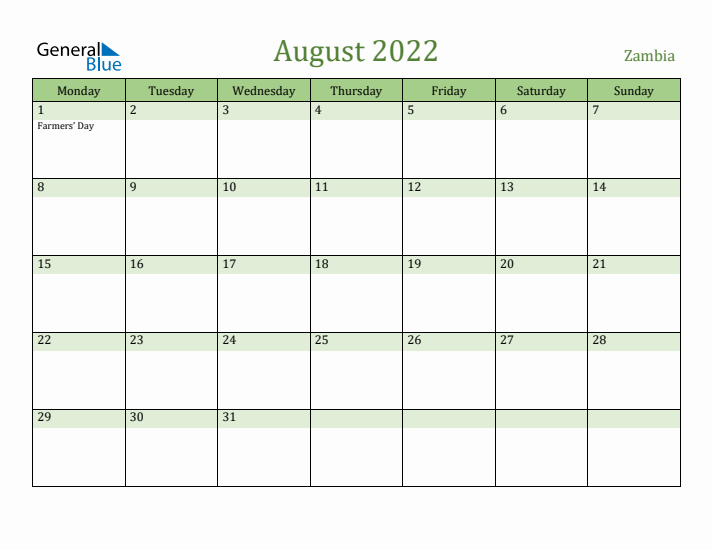 August 2022 Calendar with Zambia Holidays