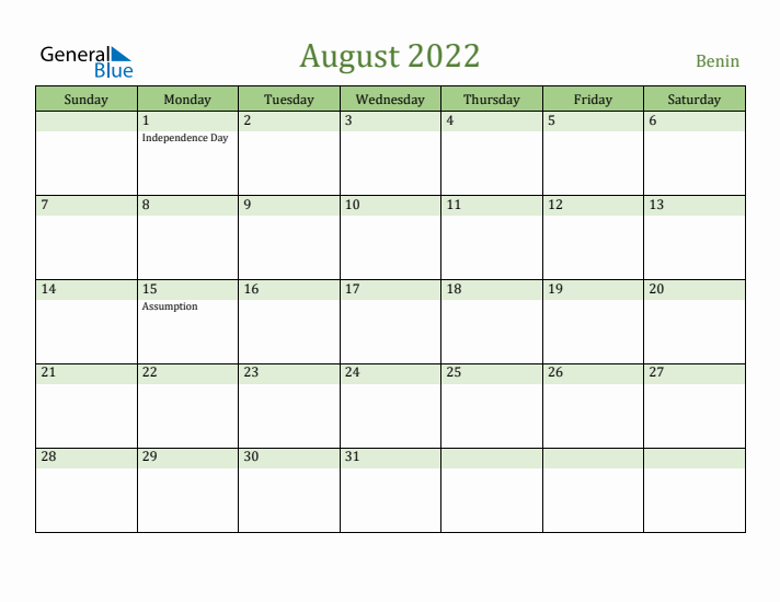 August 2022 Calendar with Benin Holidays