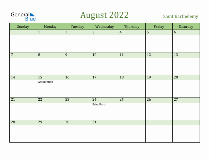 August 2022 Calendar with Saint Barthelemy Holidays