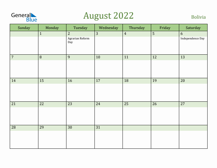 August 2022 Calendar with Bolivia Holidays