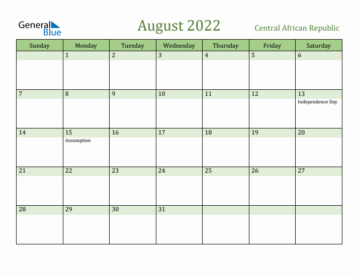 August 2022 Calendar with Central African Republic Holidays