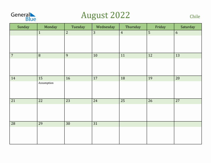 August 2022 Calendar with Chile Holidays