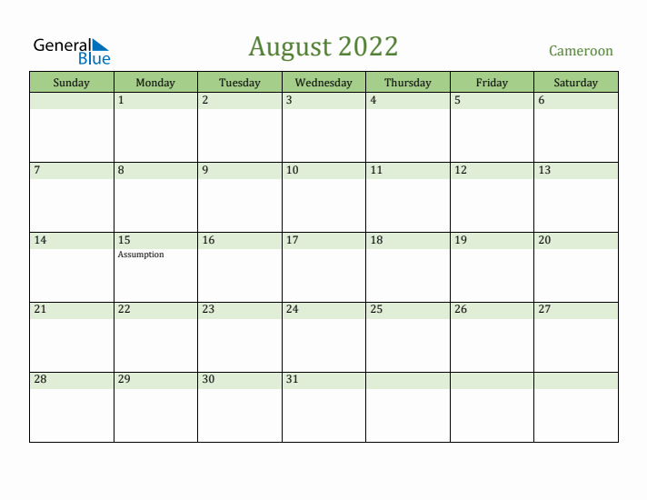 August 2022 Calendar with Cameroon Holidays