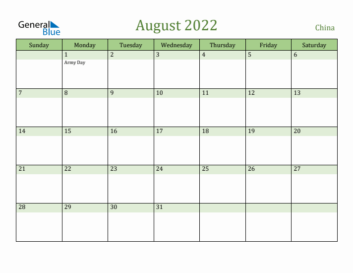 August 2022 Calendar with China Holidays