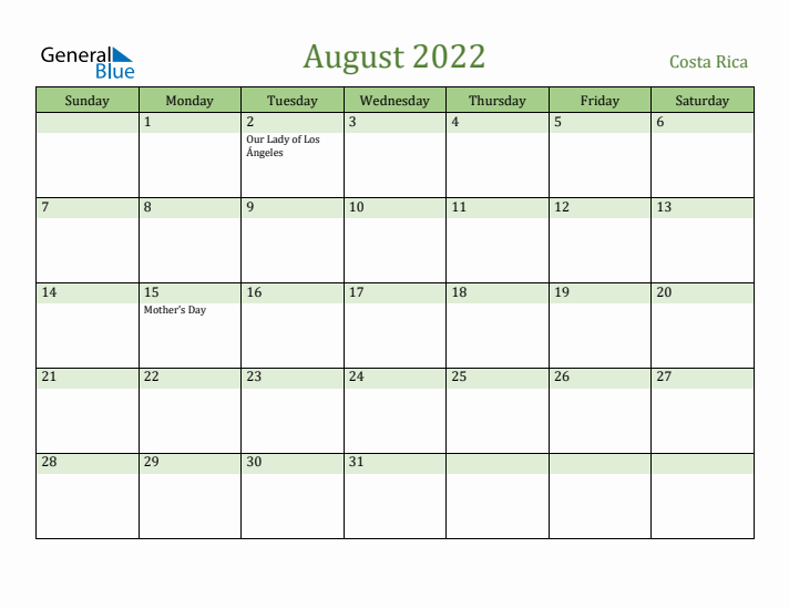 August 2022 Calendar with Costa Rica Holidays