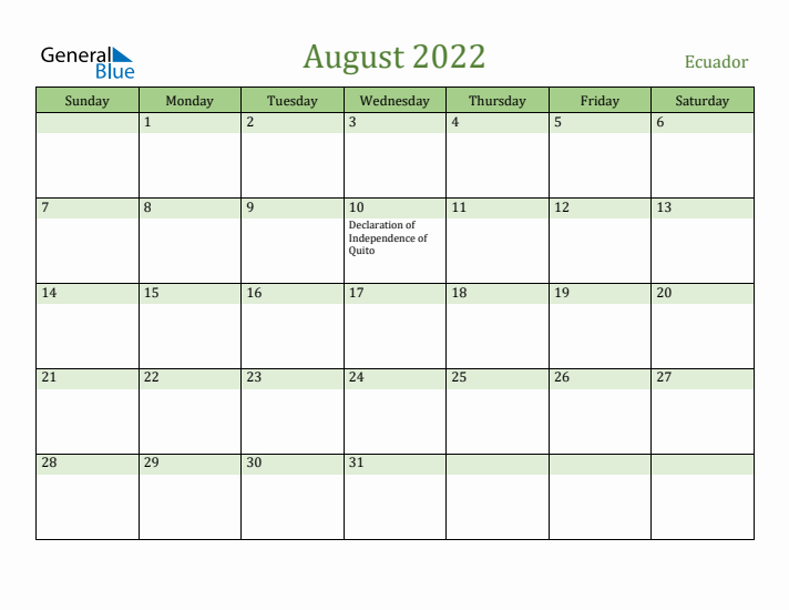 August 2022 Calendar with Ecuador Holidays