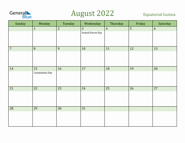 August 2022 Calendar with Equatorial Guinea Holidays