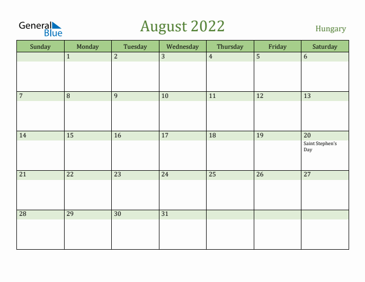 August 2022 Calendar with Hungary Holidays