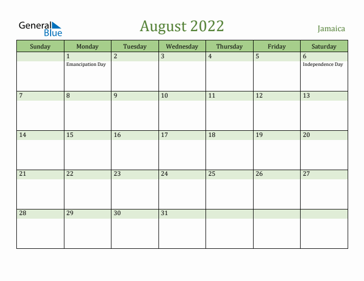 August 2022 Calendar with Jamaica Holidays