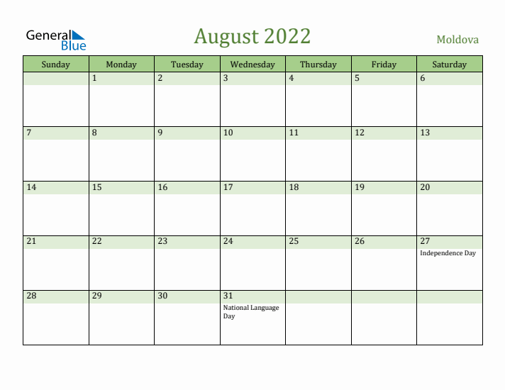 August 2022 Calendar with Moldova Holidays