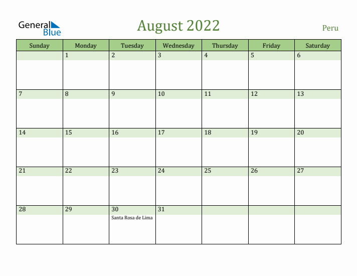 August 2022 Calendar with Peru Holidays