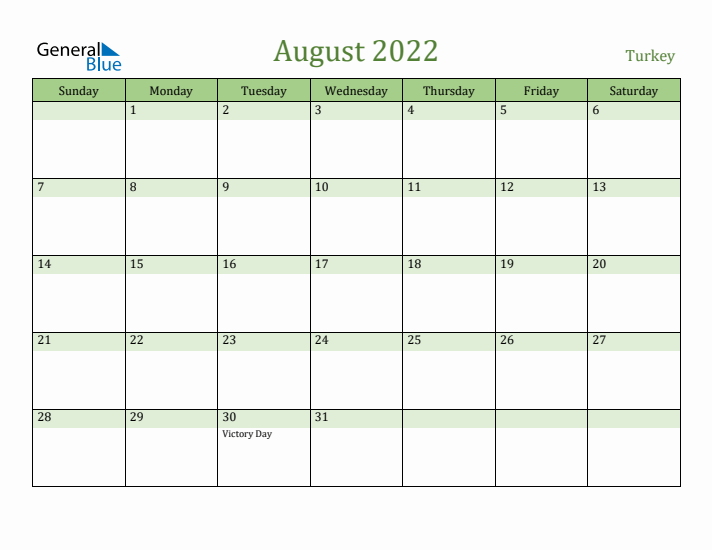 August 2022 Calendar with Turkey Holidays