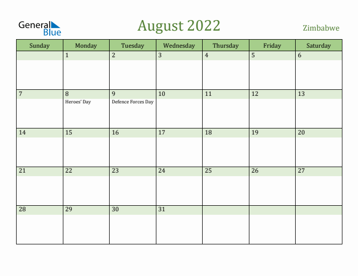 August 2022 Calendar with Zimbabwe Holidays