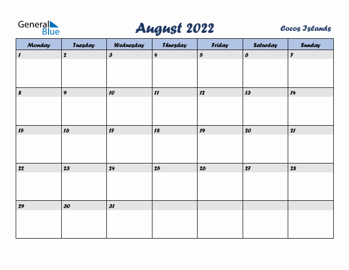 August 2022 Calendar with Holidays in Cocos Islands