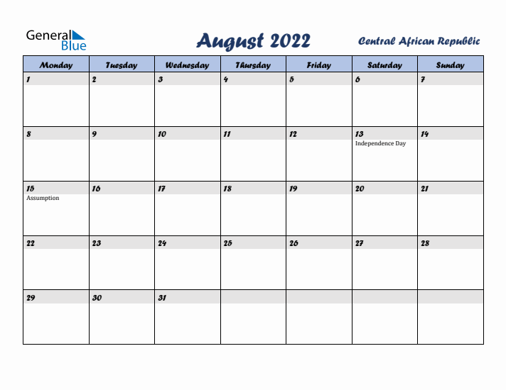 August 2022 Calendar with Holidays in Central African Republic