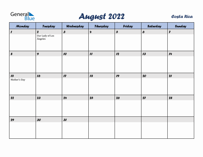 August 2022 Calendar with Holidays in Costa Rica