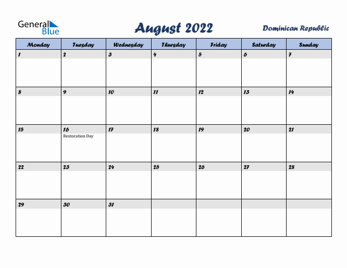 August 2022 Calendar with Holidays in Dominican Republic