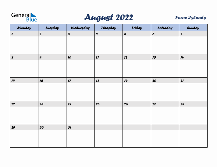 August 2022 Calendar with Holidays in Faroe Islands