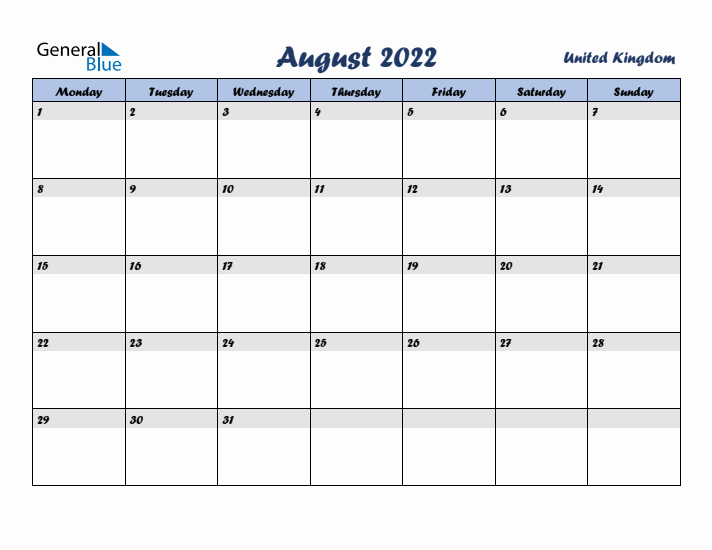 August 2022 Calendar with Holidays in United Kingdom