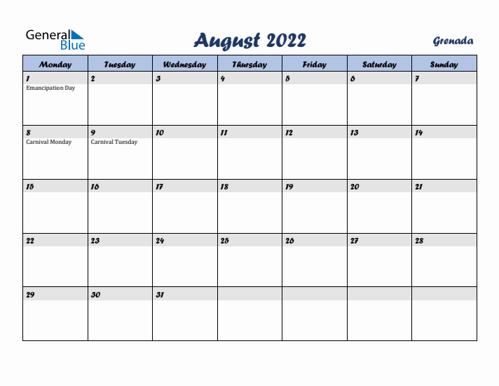 August 2022 Calendar with Holidays in Grenada