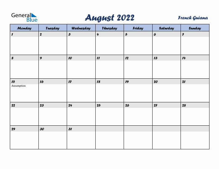 August 2022 Calendar with Holidays in French Guiana