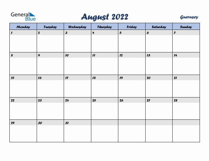 August 2022 Calendar with Holidays in Guernsey