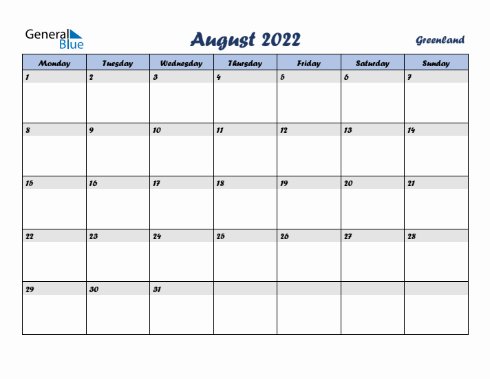 August 2022 Calendar with Holidays in Greenland