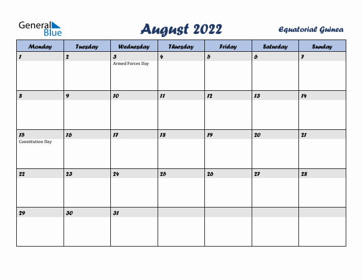 August 2022 Calendar with Holidays in Equatorial Guinea