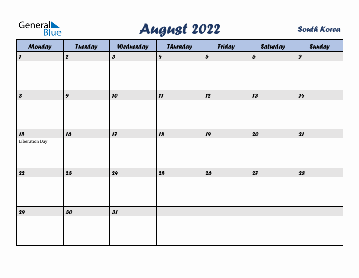 August 2022 Calendar with Holidays in South Korea