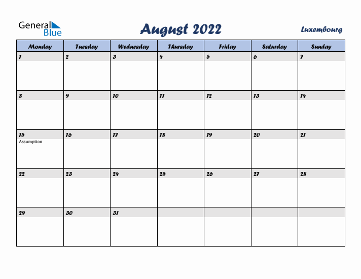 August 2022 Calendar with Holidays in Luxembourg