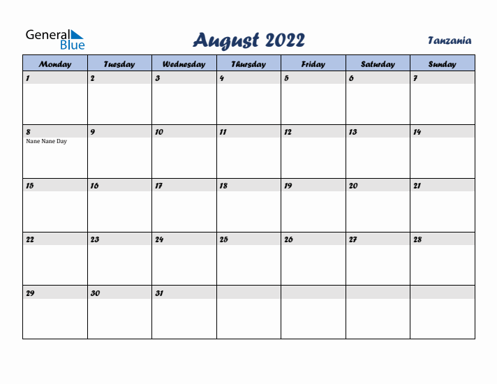 August 2022 Calendar with Holidays in Tanzania